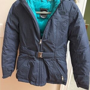The North Face Kids Navy Puffer Jacket with Teal Lining